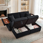 Muumblus Loveseat Sectional Sofa with 2 Storage Ottomans, Modular Cloud Couch with 2 Side Tables & USB, Plush Double Chaise Lounge Sofa Bed Indoor, Black Corduroy