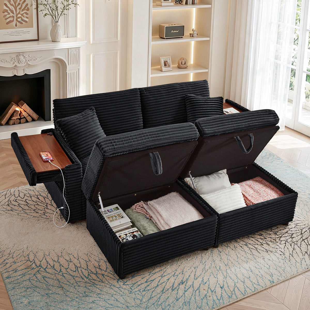Muumblus Loveseat Sectional Sofa with 2 Storage Ottomans, Modular Cloud Couch with 2 Side Tables & USB, Plush Double Chaise Lounge Sofa Bed Indoor, Black Corduroy