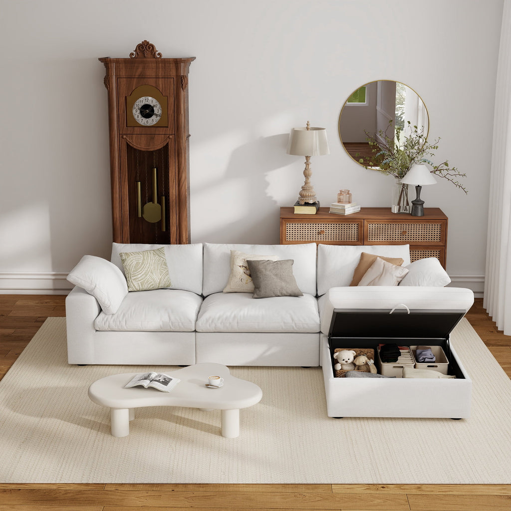 The Magic Home 118" Sofa Couch, Cloud Modular Sectional Sofa with Removable Storage Ottoman, L Shaped Linen Modern Comfy for Living Room, Apartment, Office, DIY Combination, 3 Seater White Couch