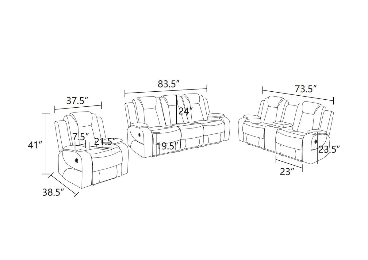  Black 3-Piece Multifunctional Smart Sofa with Console & Cup Holders, Solid Wood Frame, Double-Layer Springs and Air Leather