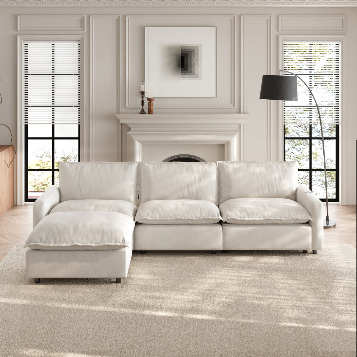 Sdorens Oversized Modular Sectional Sofa with Power Recliner,Cloud Heated Seat Reclining Couch,Charging Cup Holders,Deep L-Shaped 3 Seater with Ottoman,Beige