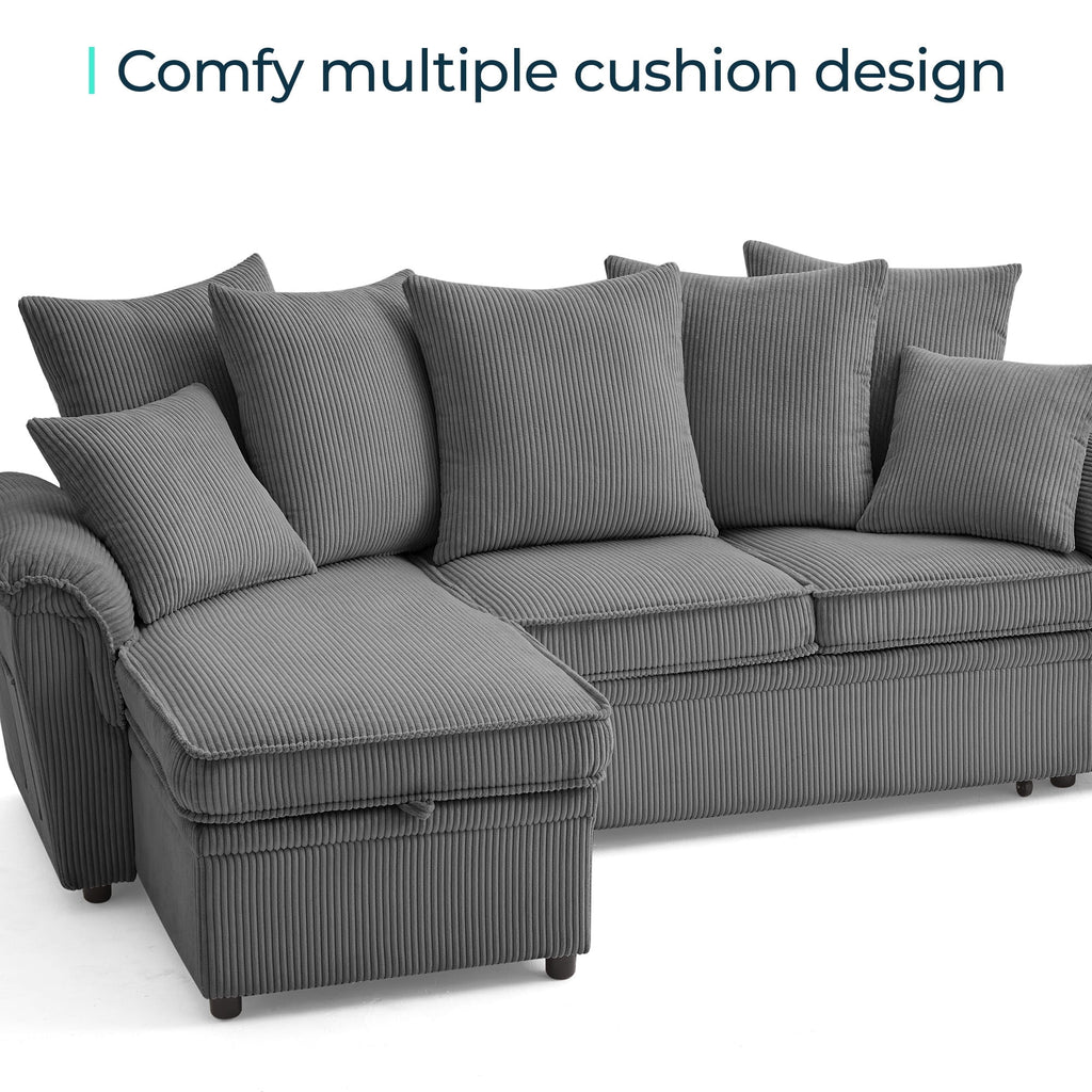  90.5" Sectional Sleeper Sofa With Pull Out Bed, Storage Chaise & USB Charging, Pull Out Couch with Side Pocket & Two Pillows for Living Room, Corduroy Grey