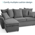  90.5" Sectional Sleeper Sofa With Pull Out Bed, Storage Chaise & USB Charging, Pull Out Couch with Side Pocket & Two Pillows for Living Room, Corduroy Grey