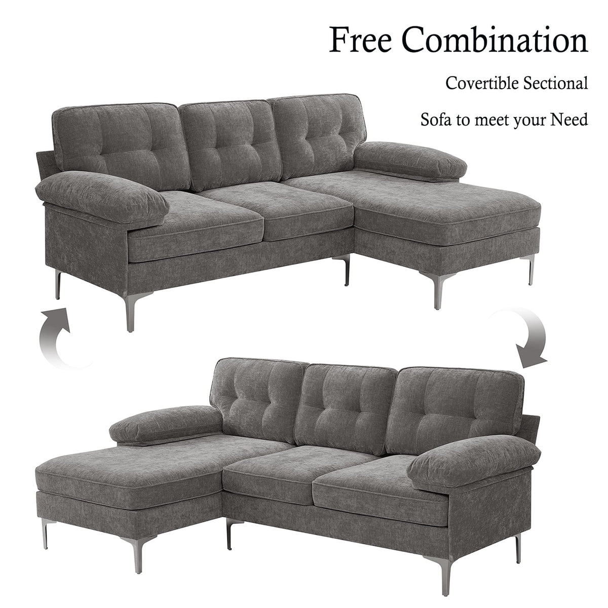 INGALIK Convertible Sectional Sofa Couch, L-Shaped Couch with Reversible Chaise Lounge, Chenille Fabric Modern Sofa for Living Room, Apartment, Office, 3 Seats, Gray