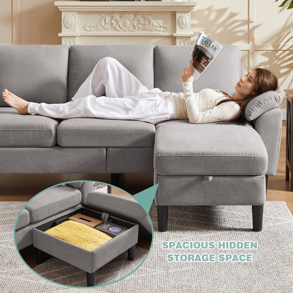  Chireca 4 Piece Convertible Sectional Sofa Set, Modern Linen Small L Shaped Couch with Reversible Chaise, 3-Seater Sofa & Loveseat & Armchair for Living Room, Office, Apartment, Lightgrey