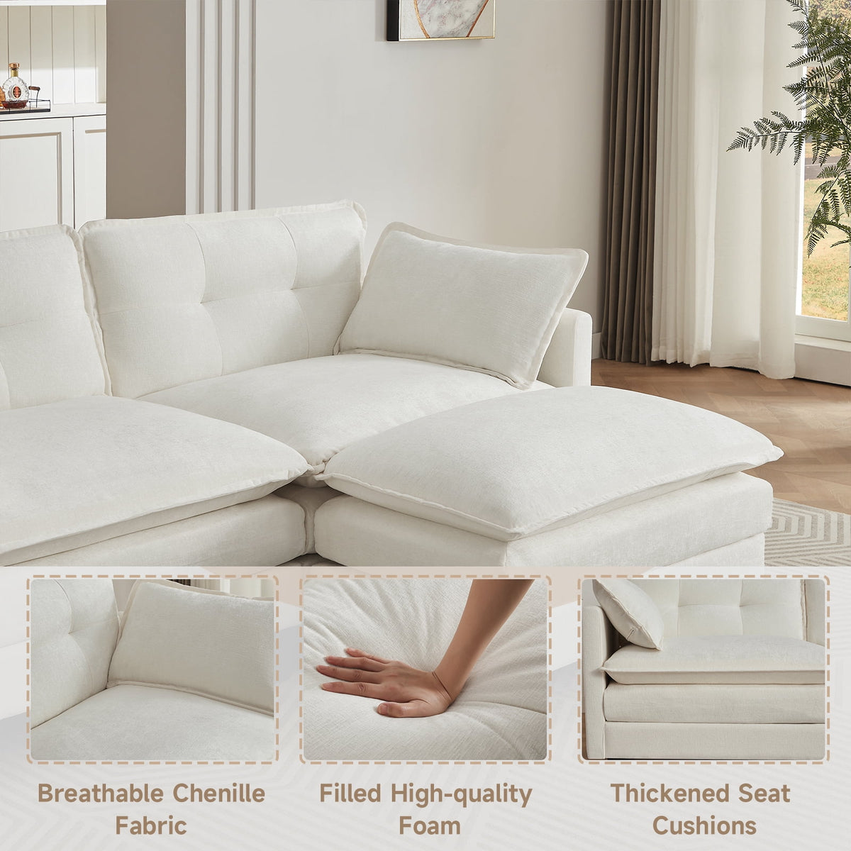 Amsleekey 111.5" U-Shaped Modular Sectional Sofa, Modern Chenille Cloud Couch with 2 Ottomans, Comfy Deep Seat Living Room Furniture, Beige