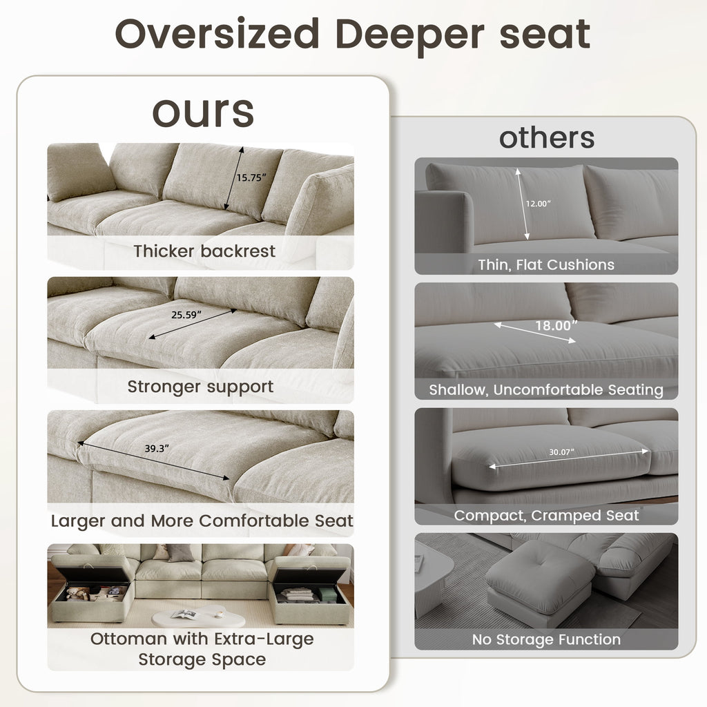 The Magic Home 118" Sofa Couch, Cloud Modular Sectional Sofa with Removable Storage Ottoman, L Shaped Linen Modern Comfy for Living Room, Apartment, Office, DIY Combination, 3 Seater Khaki Couch