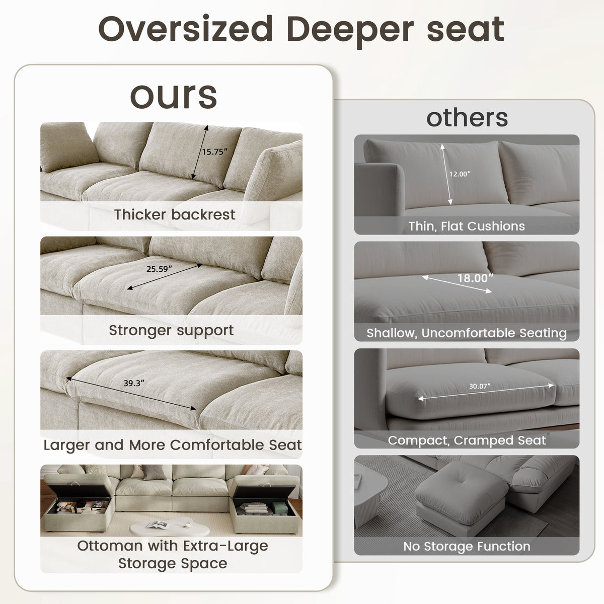 The Magic Home 118" Sofa Couch, Cloud Modular Sectional Sofa with Removable Storage Ottoman, L Shaped Linen Modern Comfy for Living Room, Apartment, Office, DIY Combination, 3 Seater Khaki Couch