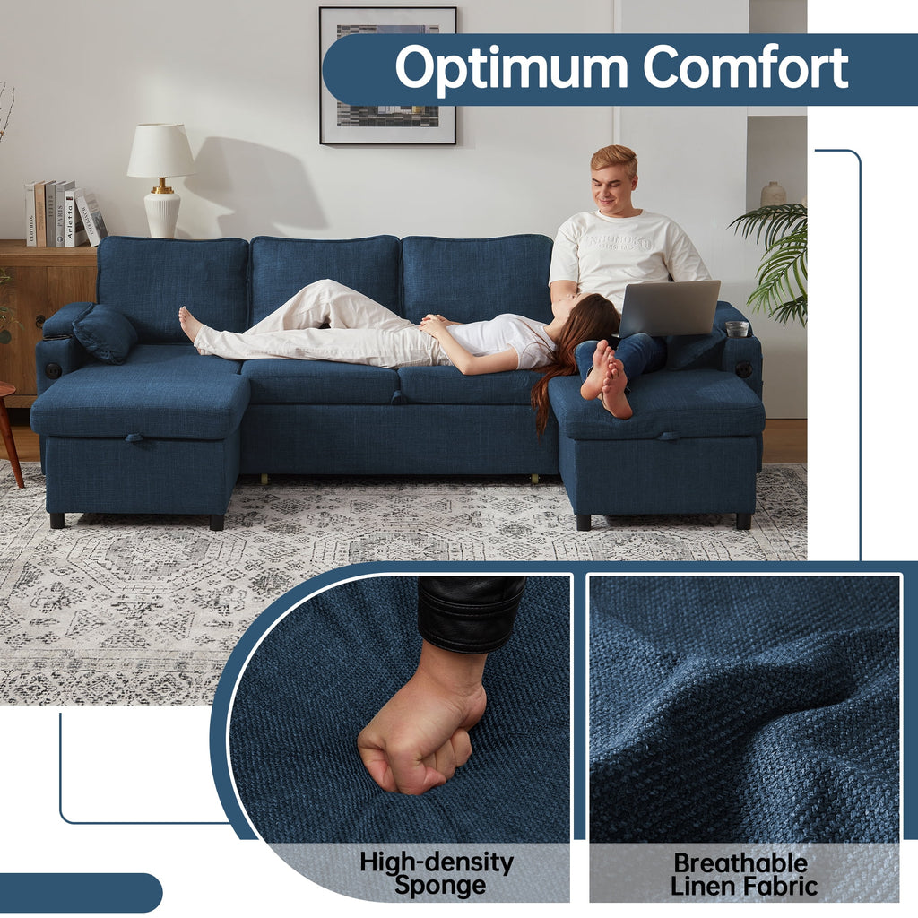 Sectional Couches Sofas Sleeper Bed U shape with Storage for Living Room Family Rooms Blue