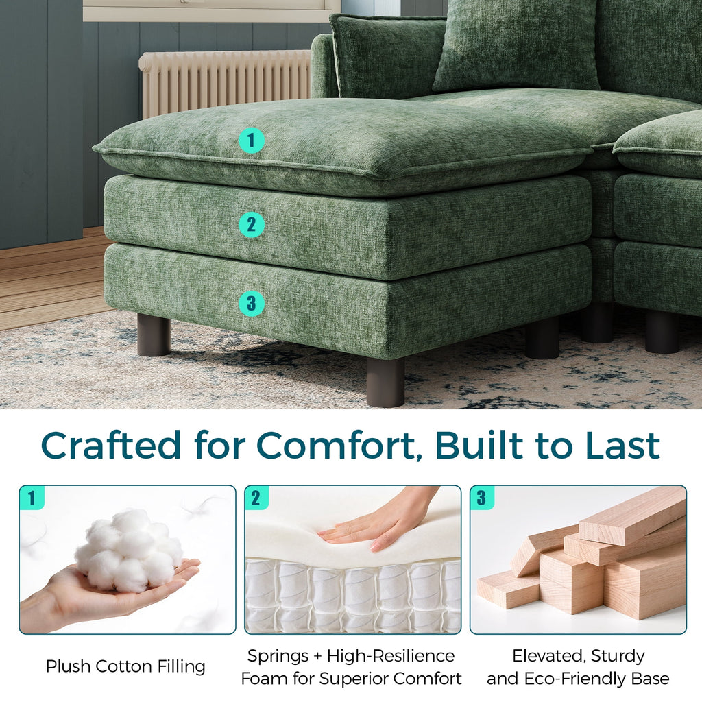  98" L-Shape Modular Sectional Sofa with Moveable Ottoman, Cloud Couch Seats 3 for Living Room, Apartment, Green