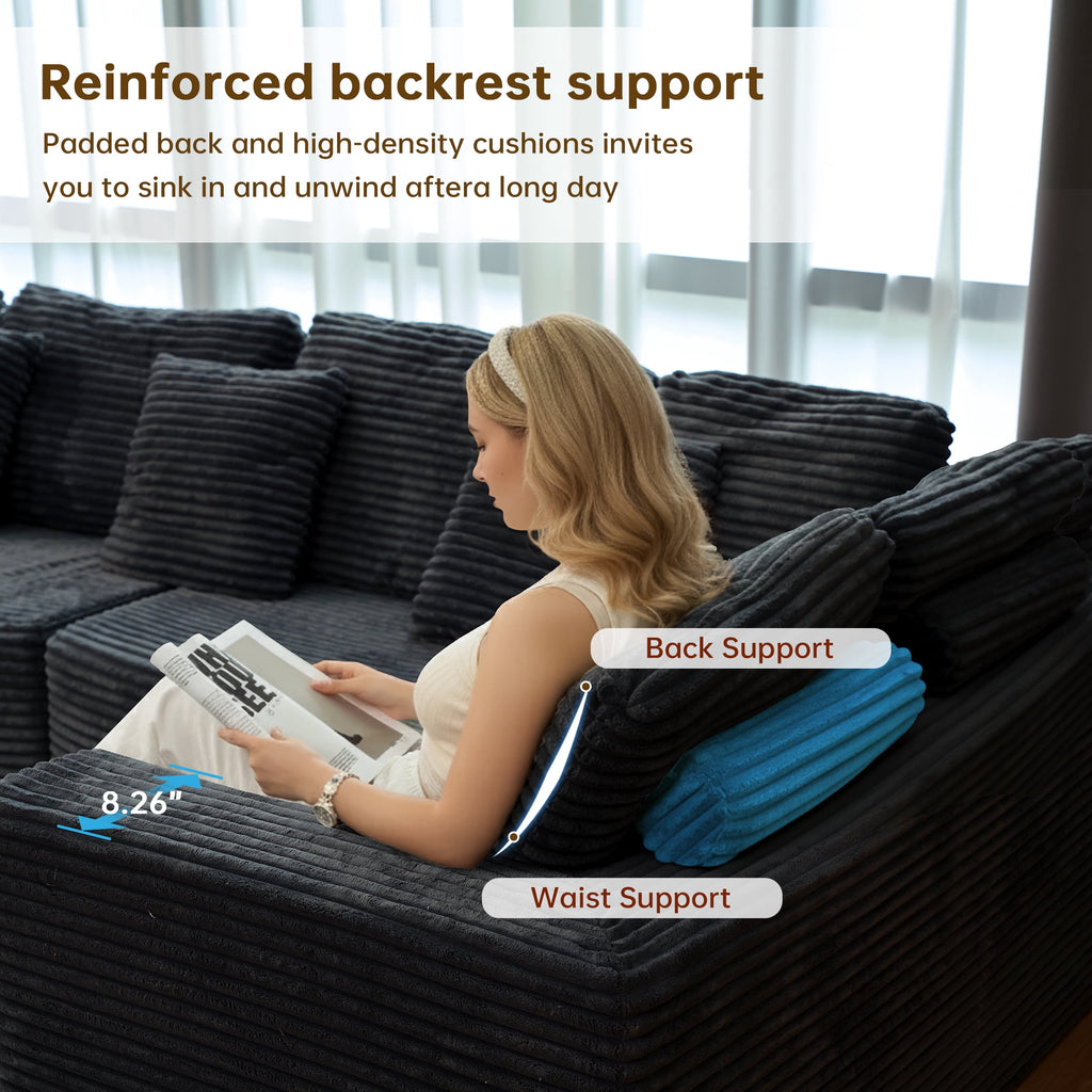  135.5" Sectional Couch, Black U Shaped Sofa for Living Room, Boneless Cloud Couch with Chaise,6-Seater, Corduroy Fabric, Freely Configurable Layout