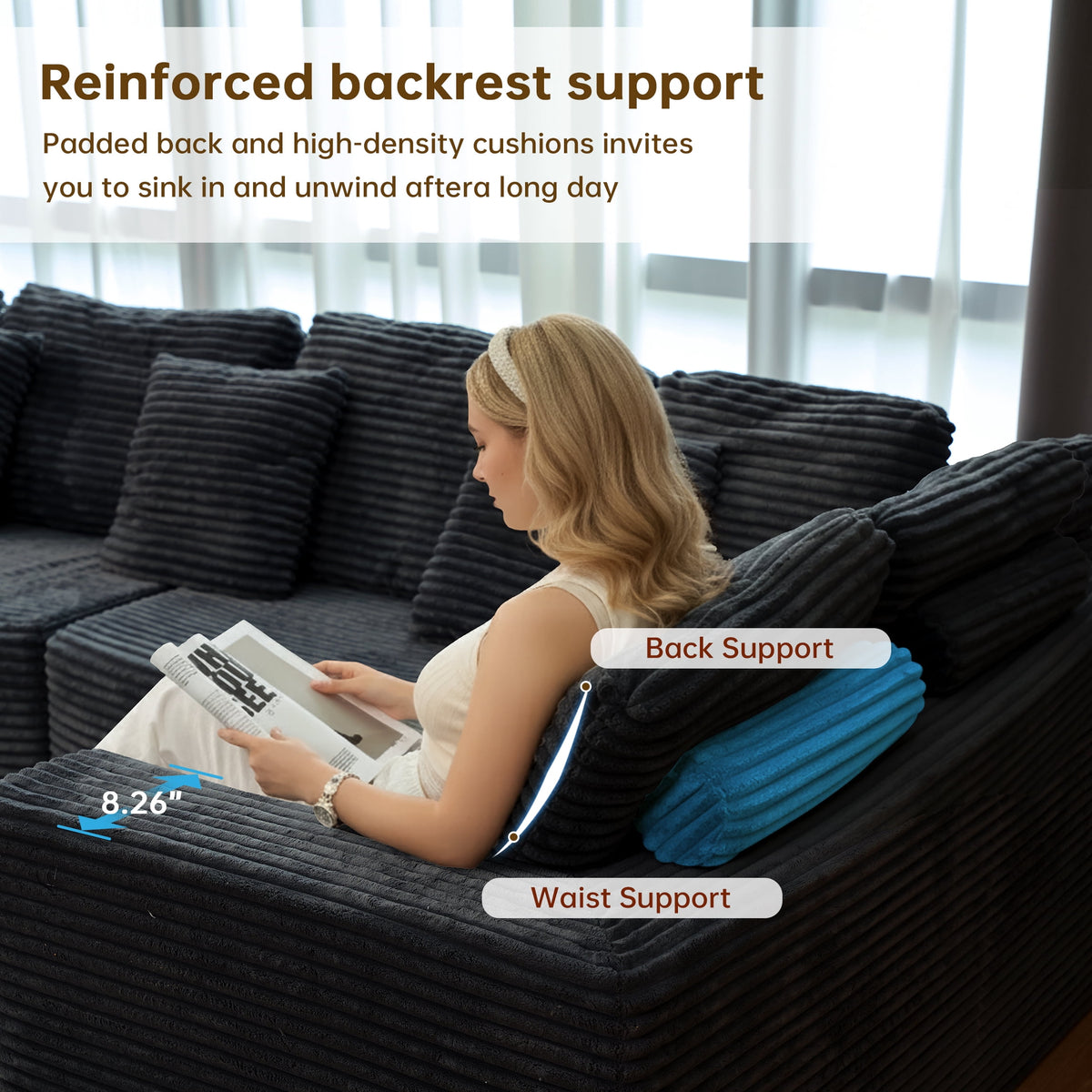  135.5" Sectional Couch, Black U Shaped Sofa for Living Room, Boneless Cloud Couch with Chaise,6-Seater, Corduroy Fabric, Freely Configurable Layout
