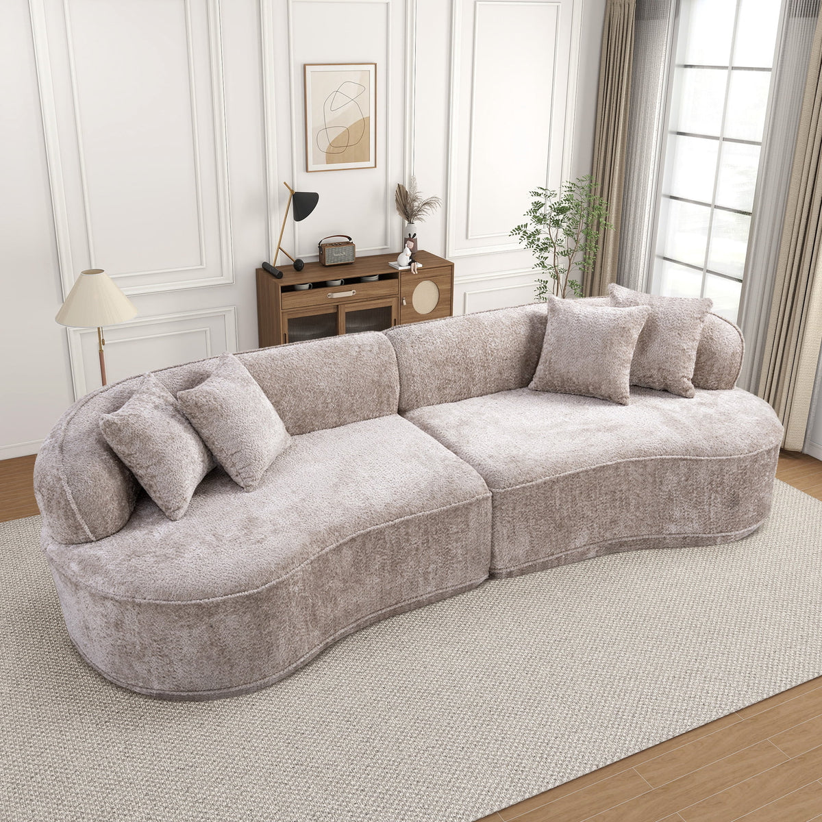 Muumblus 114" Oversized Curved Sofa, Modern Sectional Boneless Cloud Couch, No Assembly Required Floor Sofa for Living Room, Camel Boucle