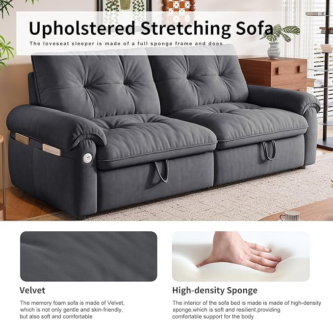 3-in-1 Convertible Sofa Bed, 77" Queen Size Loveseat Sleeper with Pull Out Bed,USB and Side Storage Pockets,Modern 2 Seater Small Couch for Apartment Living Room, Velvet Fabric,RV-Friendly,Dark Gray