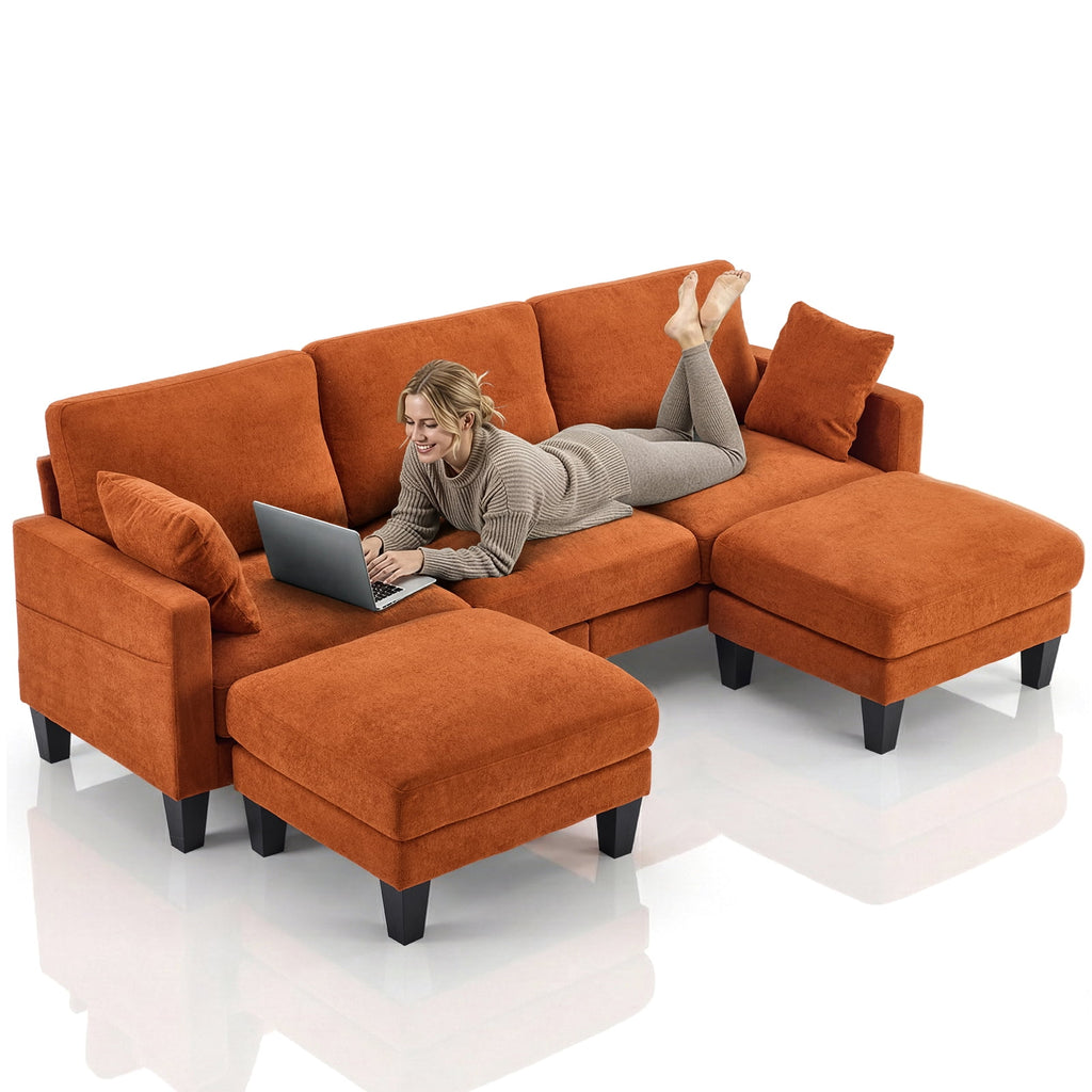  U-Shaped Sofa with 2 Removeable Ottoman Footrests, Flannel Deep Seating Couch for 3, Converts to Sleeper for Bedroom Living Room Furniture Orange