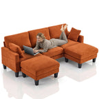  U-Shaped Sofa with 2 Removeable Ottoman Footrests, Flannel Deep Seating Couch for 3, Converts to Sleeper for Bedroom Living Room Furniture Orange