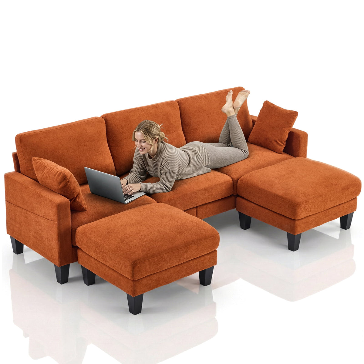  U-Shaped Sofa with 2 Removeable Ottoman Footrests, Flannel Deep Seating Couch for 3, Converts to Sleeper for Bedroom Living Room Furniture Orange