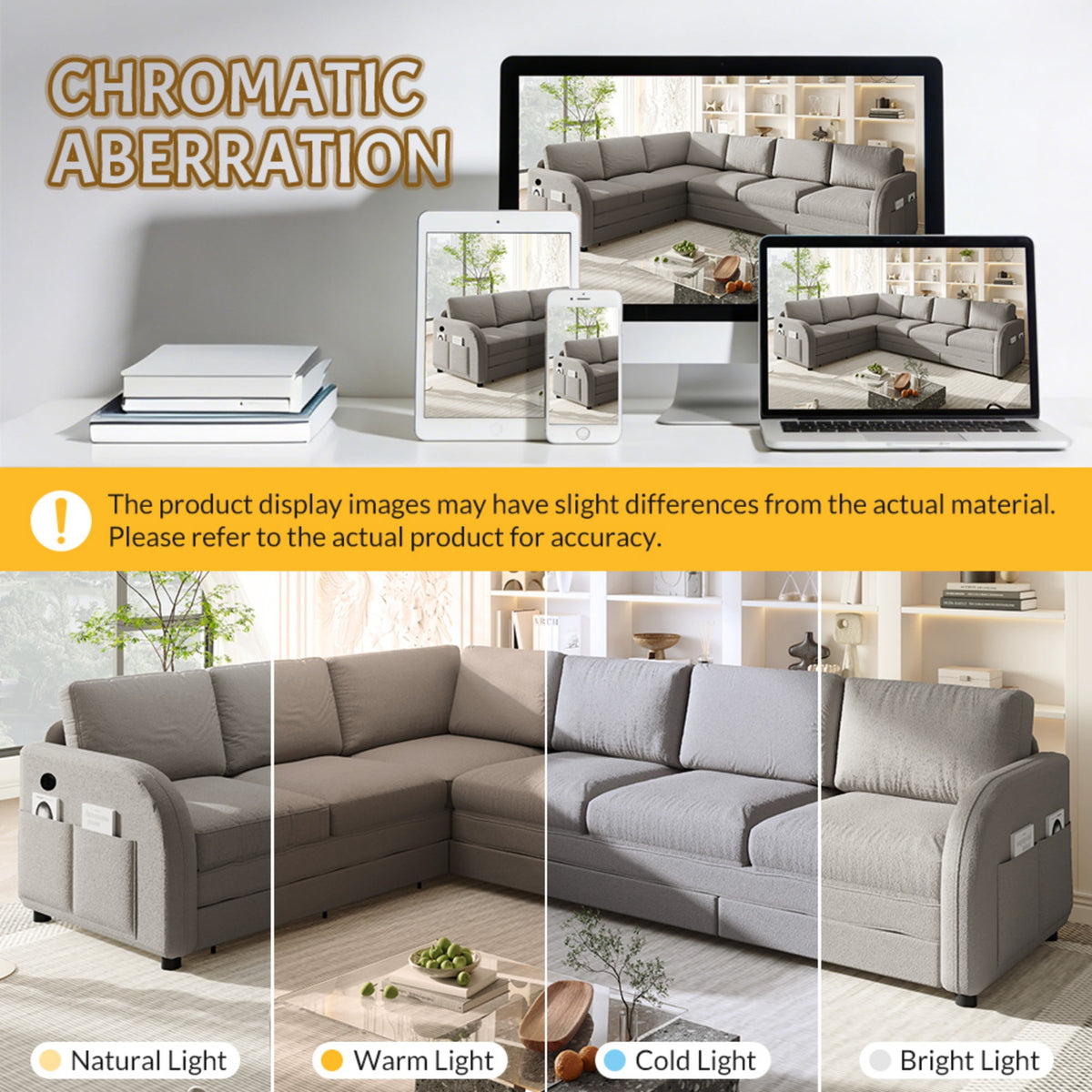  Sectional Sofa, 115" Sectional Couch with Pull Out Sofa Bed King Size, 6 Seat Sofa Convertible Sofa Bed for Living Room Light Gray
