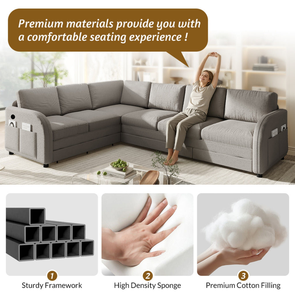  Sectional Sofa, 115" Sectional Couch with Pull Out Sofa Bed King Size, 6 Seat Sofa Convertible Sofa Bed for Living Room Light Gray