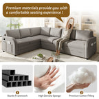  Sectional Sofa, 115" Sectional Couch with Pull Out Sofa Bed King Size, 6 Seat Sofa Convertible Sofa Bed for Living Room Light Gray
