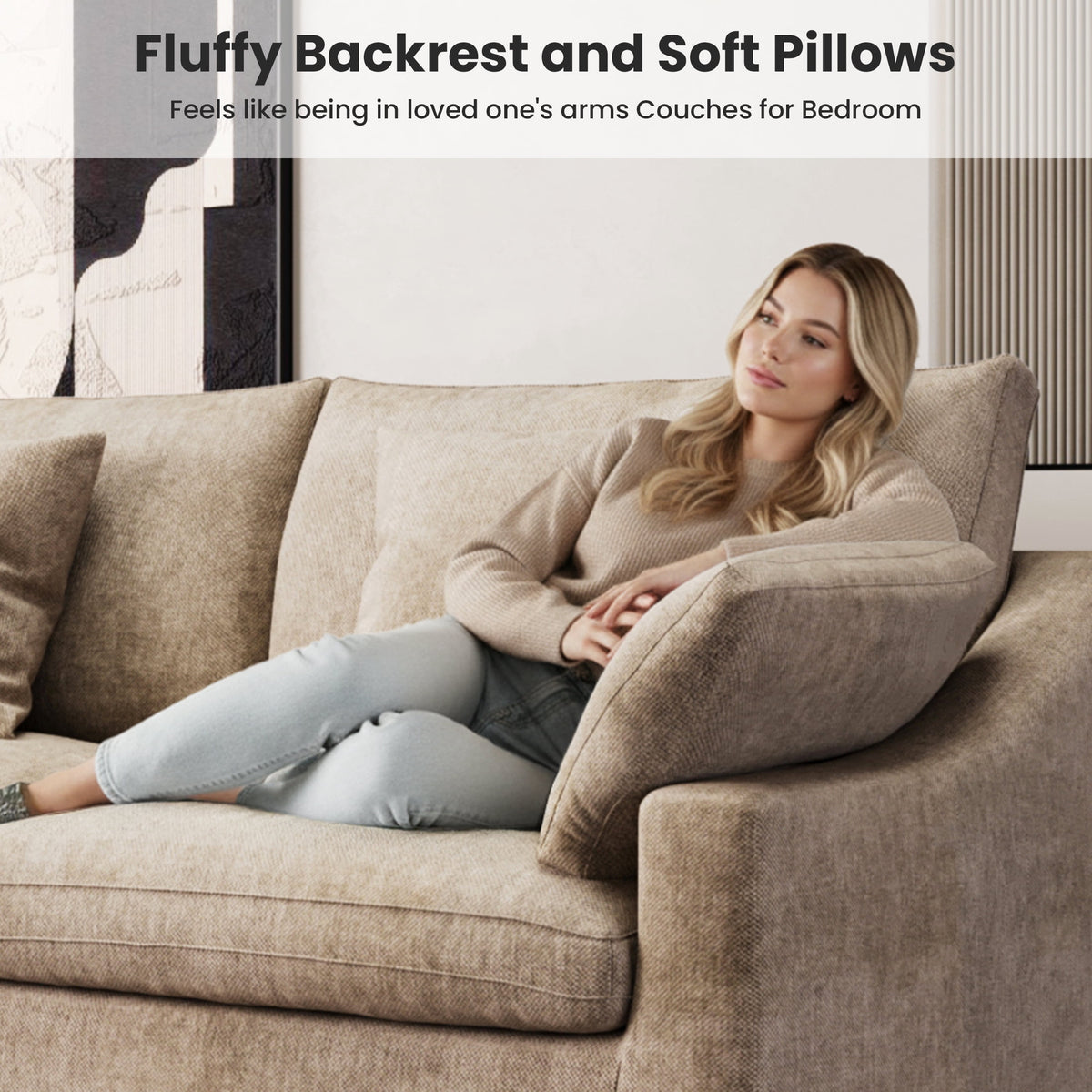 The Magic Home Modular Sofa & Sectional Sofa - L Shaped Deep Seat Cloud Couch in Soft Linen Blend Fabric,Perfect for Apartment & Small Space Living,3-seat Sofa with Ottoman,Khaki Couch