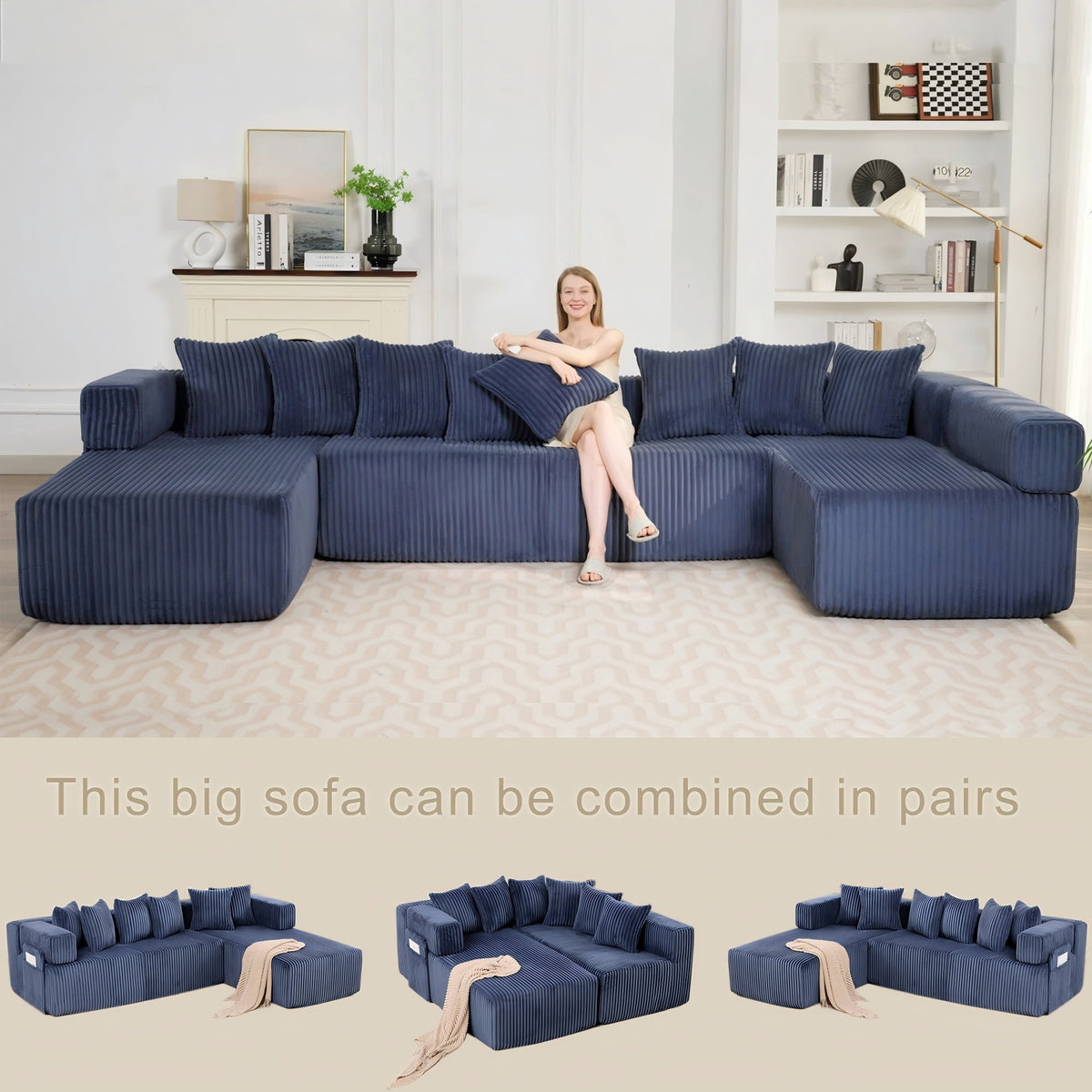  146" Sectional Sofa, U Shaped Sectional Couch with Chaise, 5 Seat Corduroy Sofa Convertible Sleeper Sofa Bed for Living Room Blue