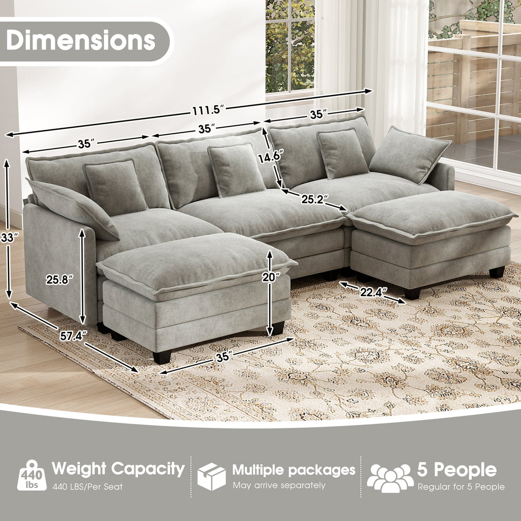  111.5'' Modular Sectional Sofa with Movable Ottomans, U Shaped Cloud Couch for Living Room, 3-Seat, Grey