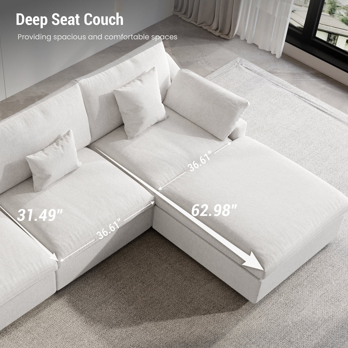 160" Cloud Couch Sectional for Living Room, Down Filled 4 Seater, Convertible Sofa Couch, White