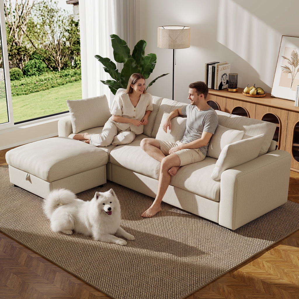  110" Large Modular Sectional Cloud Sofa with Removable Storage Ottoman, Extra Deep Seat Couch, Living Room Furniture, Chenille Beige