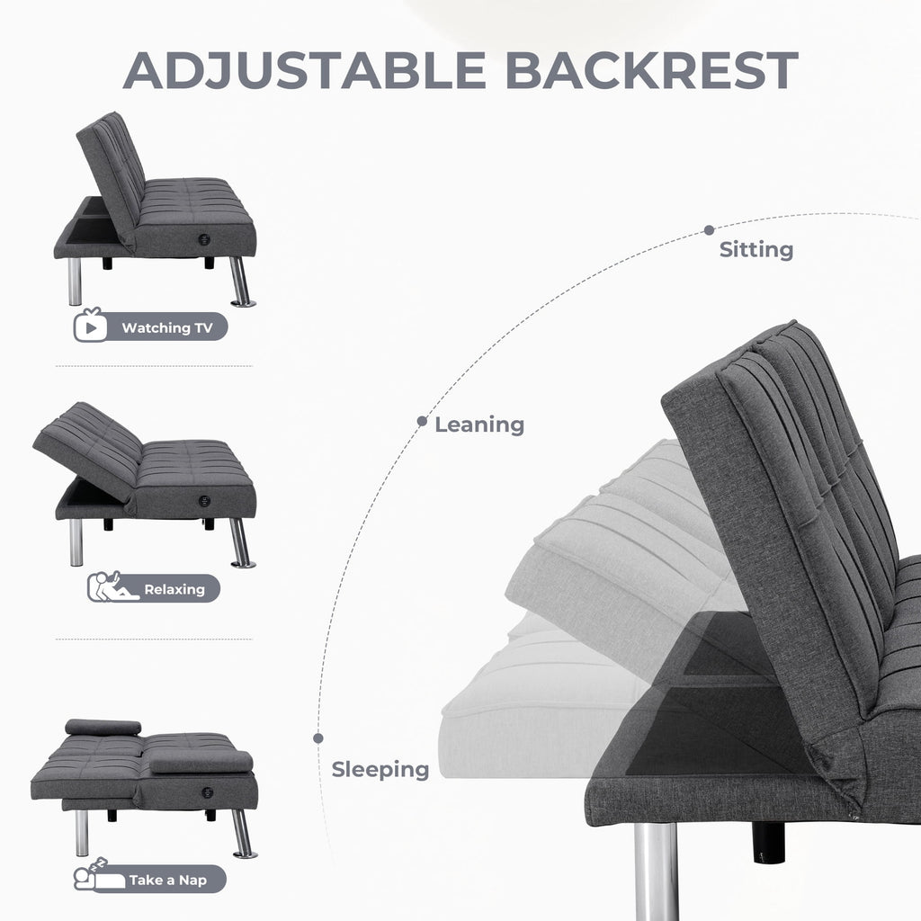  Futon Sofa Bed, 3 Piece Foldable Versatile Guest Couch with Cup Holders & USB Charging Port for Living Room,Gray