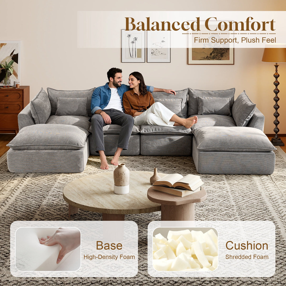 Timbernest 130" Sectional Couch, Boneless Cloud Sofa, No Assembly Required Modular U-shaped Couch for Living Room, 4 Seater, Gray