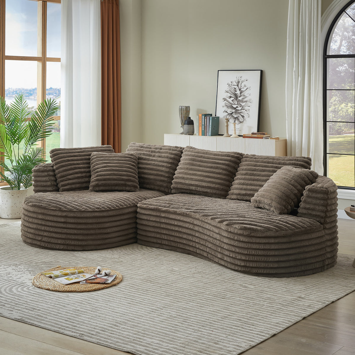 MAYEERTY 120.9" Brown Corduroy Curved L Modular Sectional Sofa, Pocket Spring No Assembly Couch for Living Room Reception