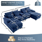 Rophefx 134" Oversized U Shaped Modular Sectional Sofa, 6 Seater Chenille Cloud Couch with Storage Console, Cup Holders and USB Ports for Living Room,Blue
