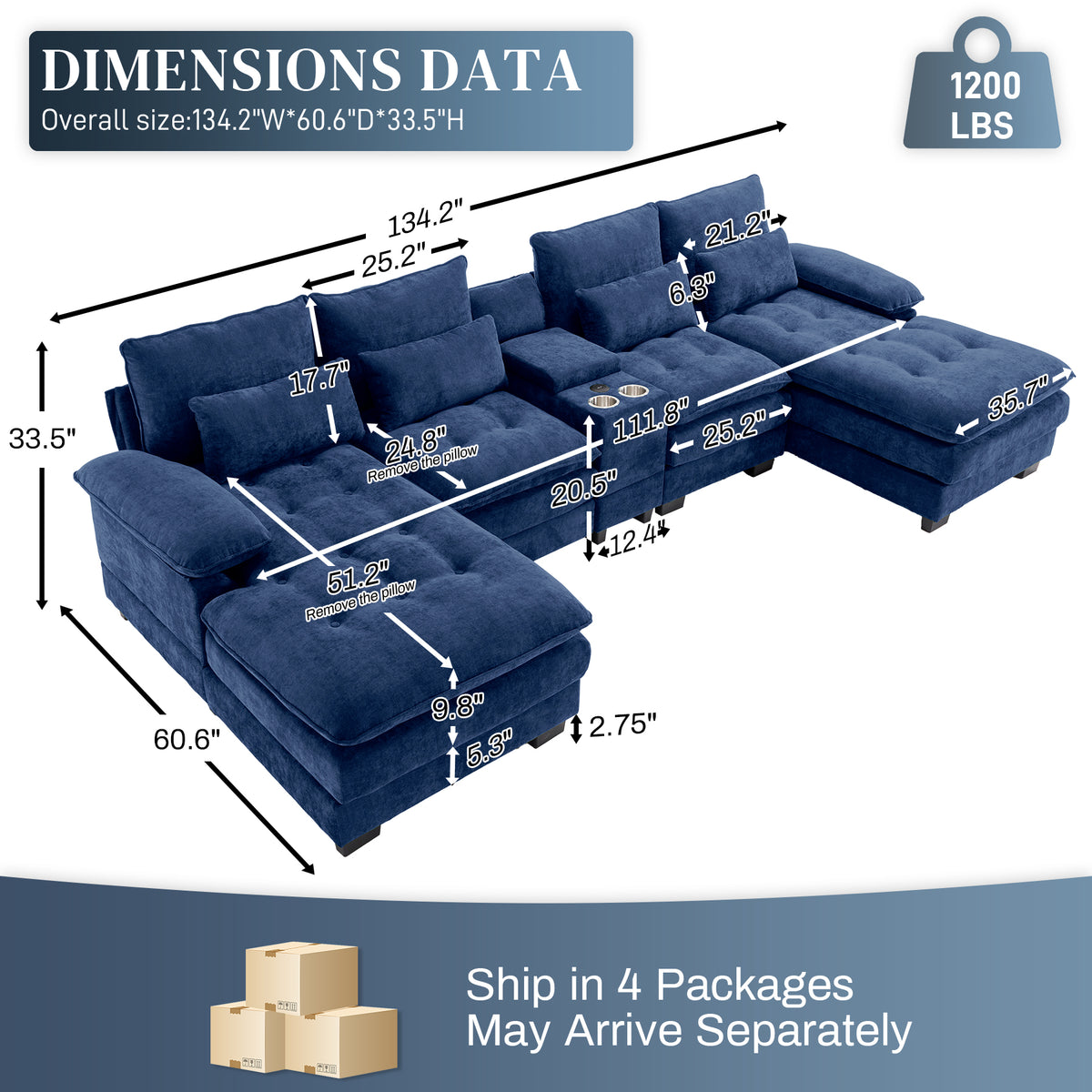 Rophefx 134" Oversized U Shaped Modular Sectional Sofa, 6 Seater Chenille Cloud Couch with Storage Console, Cup Holders and USB Ports for Living Room,Blue