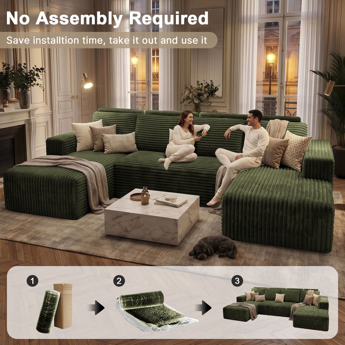 Garaneeds 113" Oversized U Shaped Sectional Sofa for Living Room, Modular Boneless Cloud Couch with Chaise, Corduroy Deep Seat Sofa, High Back Support, No Assembly Required, Green