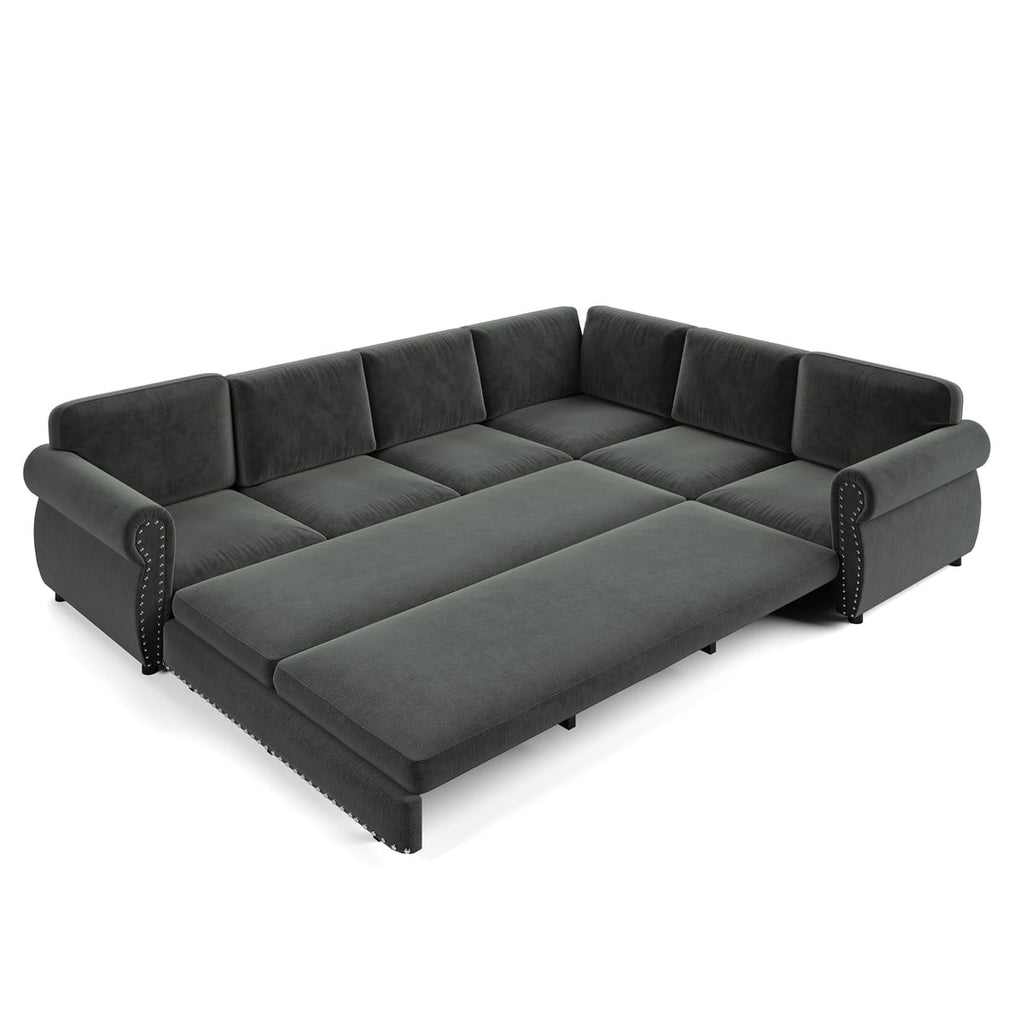 118'' Pull Out Couch, Convertible Sleeper Sofa Bed, Upholstered Sectional Sofa, Chenille L-Shaped Couch with Nailhead Trim, Modern Sectional Couches for Living Room, Apartment, Dark Grey