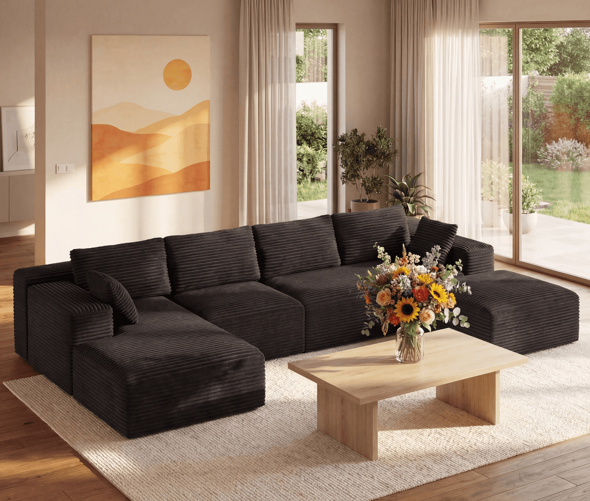 U-Shape Sectional Sofa, 135'' Modular Sectional Couch with Chaise Lounge, Couch Comfy Corduroy Floor Sofa for Living Room, Corduroy Upholstered 4-Seater Sofa with Pillow Back and Square Arms,