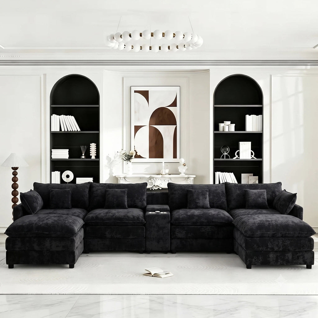 AISWORD 145" Modular U-Shaped Cloud Couch Sectional, Chenille 6-Seat Sofa with Double Chaise, Center Console, USB Charging, Hidden Storage & Cup Holders for Living Room, Black
