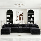 AISWORD 145" Modular U-Shaped Cloud Couch Sectional, Chenille 6-Seat Sofa with Double Chaise, Center Console, USB Charging, Hidden Storage & Cup Holders for Living Room, Black