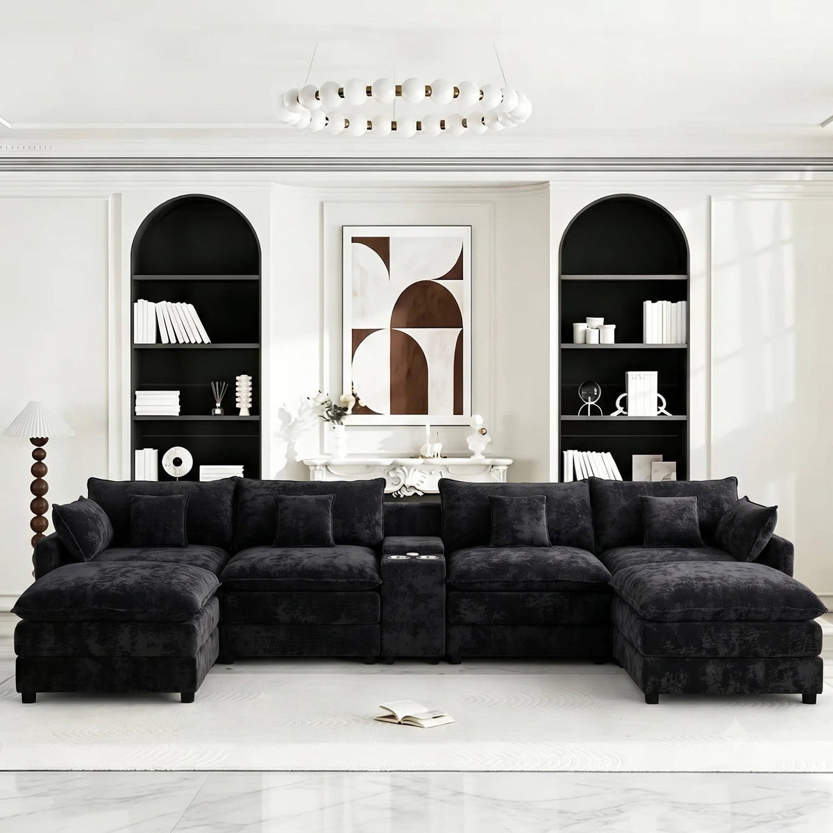 AISWORD 145" Modular U-Shaped Cloud Couch Sectional, Chenille 6-Seat Sofa with Double Chaise, Center Console, USB Charging, Hidden Storage & Cup Holders for Living Room, Black