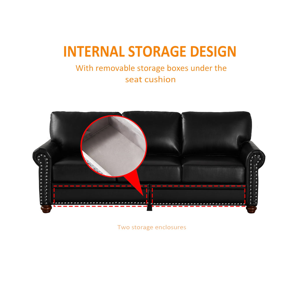 Classic Faux Leather Sofa, 3 Seaters Upholstered Couch with Nailhead Trim and Removable Cushions for Living Room Office Apartment