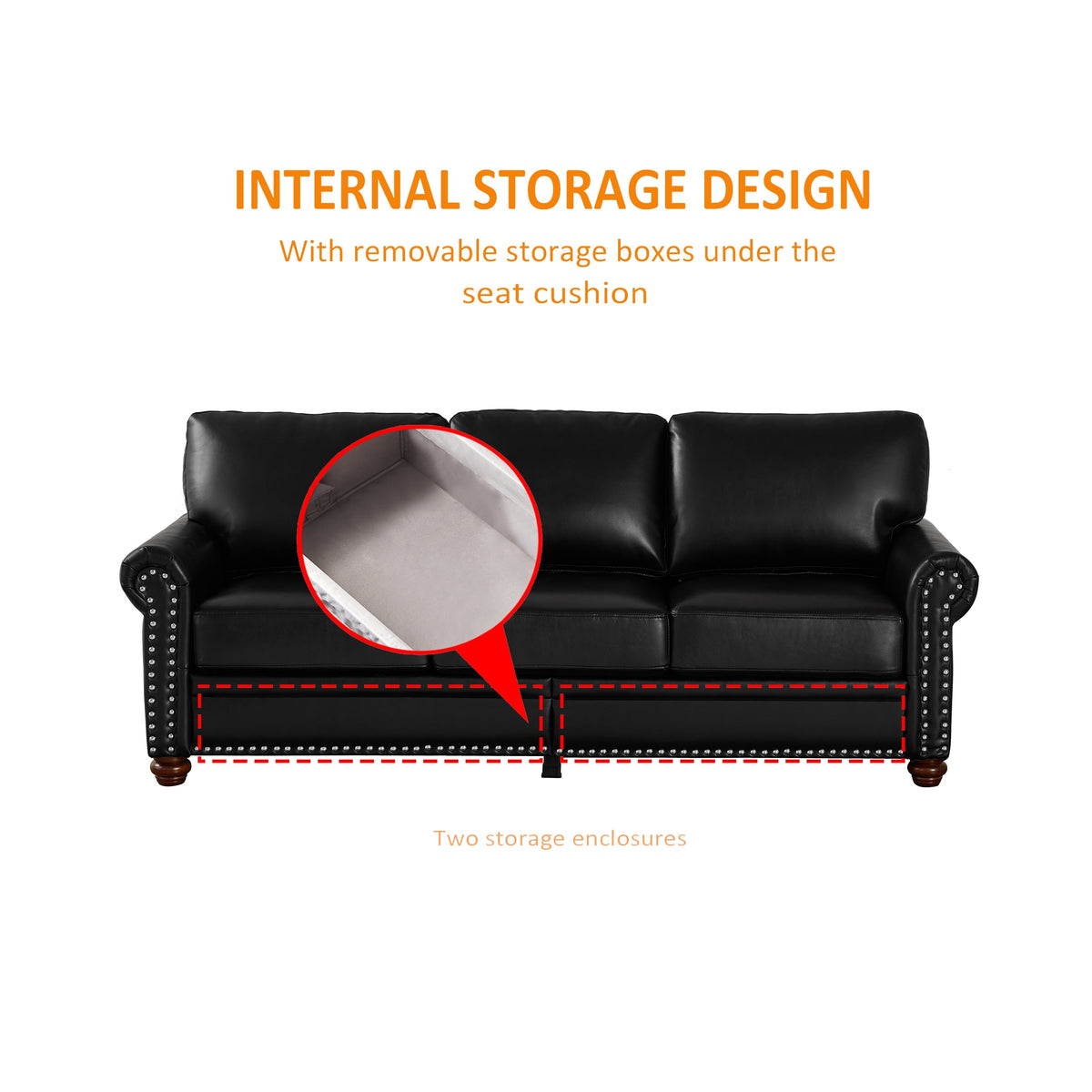 Classic Faux Leather Sofa, 3 Seaters Upholstered Couch with Nailhead Trim and Removable Cushions for Living Room Office Apartment