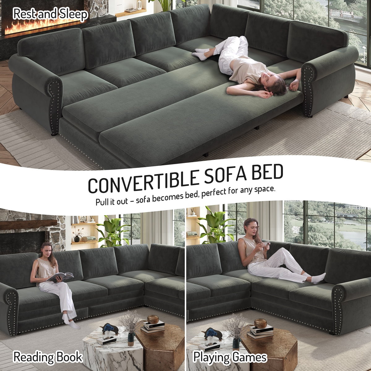 118'' Pull Out Couch, Convertible Sleeper Sofa Bed, Upholstered Sectional Sofa, Chenille L-Shaped Couch with Nailhead Trim, Modern Sectional Couches for Living Room, Apartment, Dark Grey