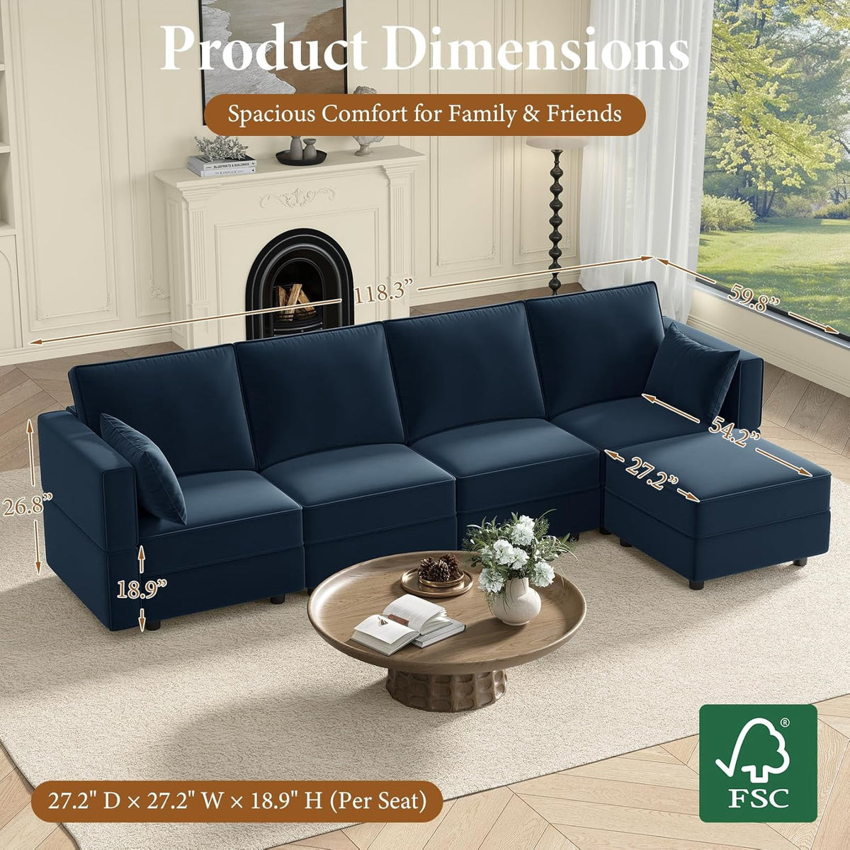  Sectional Couches with Storage Seats, 118" L Shaped Convertible Modular Sectional Sofa, 4 Seat & 1 Ottoman Velvet Storage Chaises Deep Seat Couch for Living Room, Bedroom, Apartment, Blue