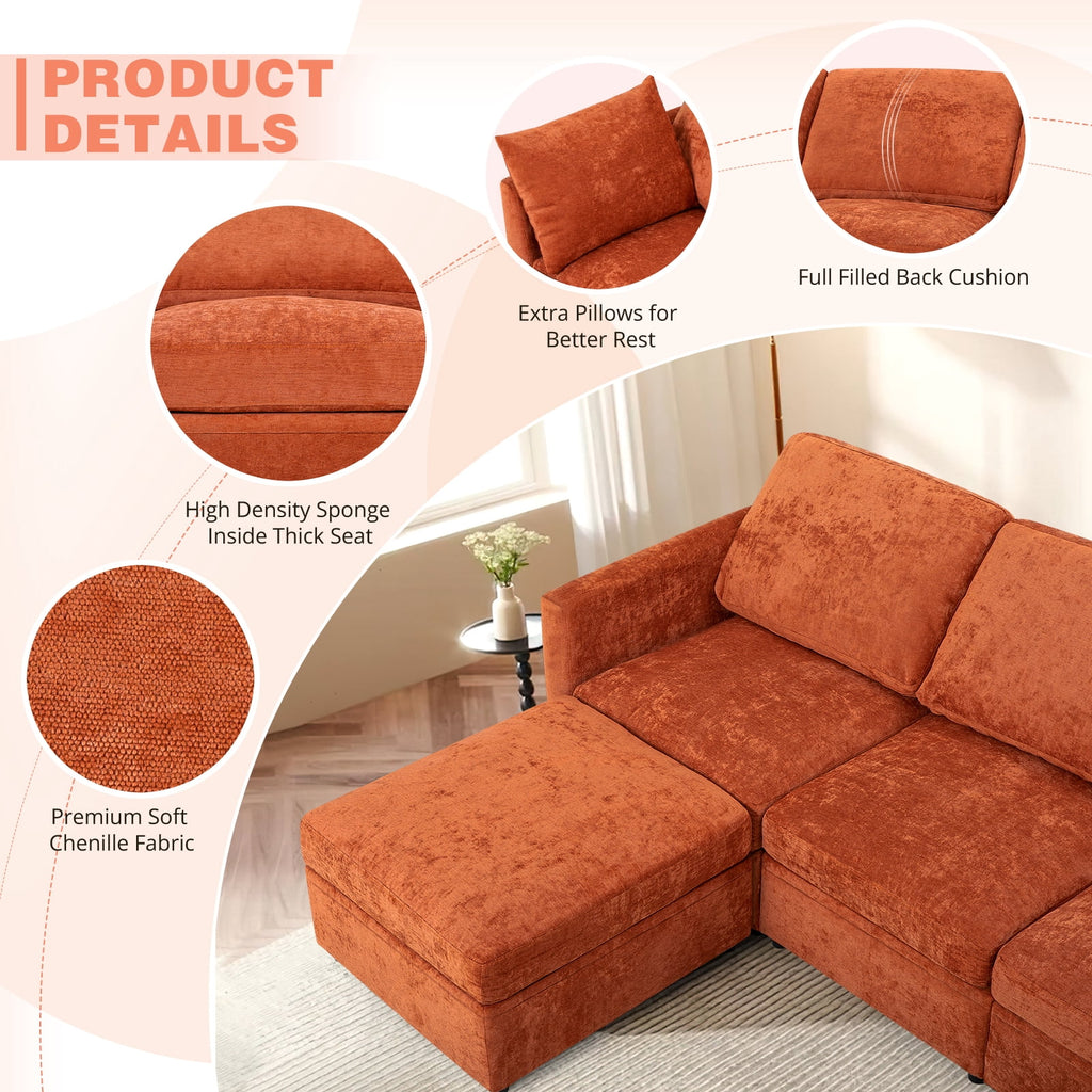 ACMEASE 84? Chenille 3 Seats Sofa W/Movable Ottoman, Modern Fabric L-Shaped Couch with Soft Backrest, Upholstered Sectional Sofa with Armrest Pillows for Living Room, Office,Orange