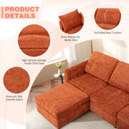 ACMEASE 84? Chenille 3 Seats Sofa W/Movable Ottoman, Modern Fabric L-Shaped Couch with Soft Backrest, Upholstered Sectional Sofa with Armrest Pillows for Living Room, Office,Orange