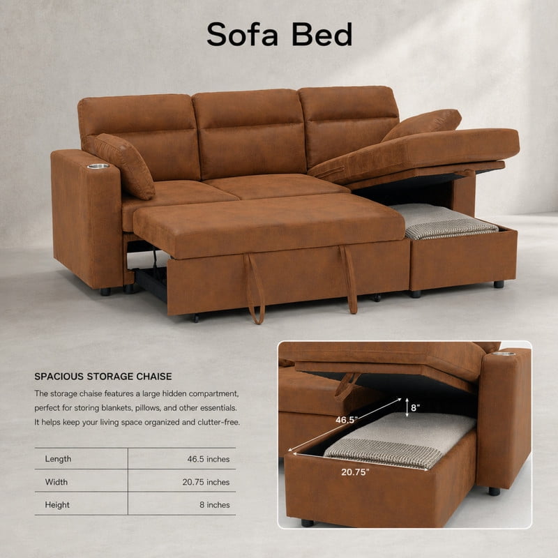82.5" L-Shaped Convertible Sleeper Sofa, Pull-Out Sectional Sofa Bed with Storage Chaise, Cup Holders & 2 Lumbar Pillows, Modern Sofa Couch for Living Room, Apartment