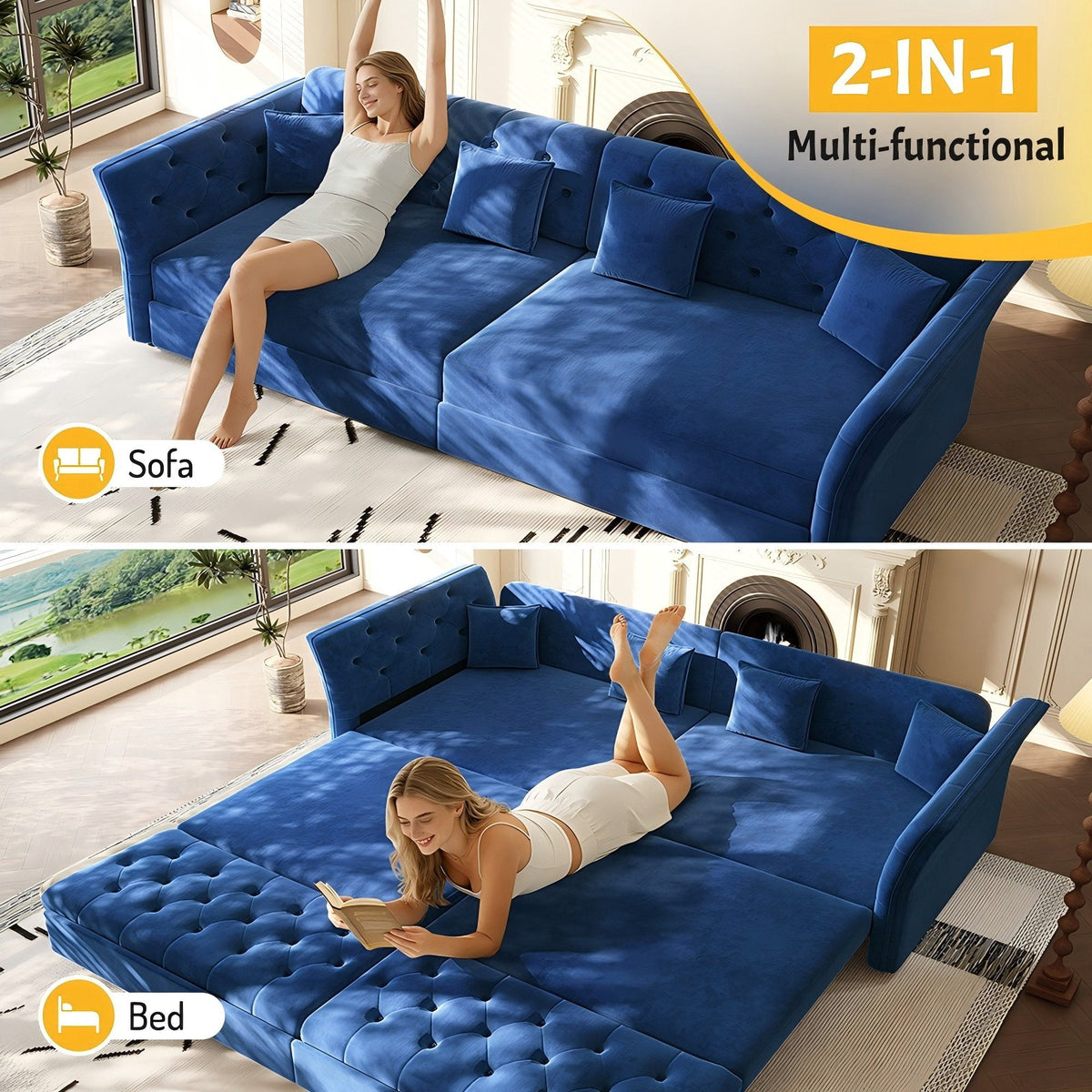  100" Pull Out Sofa Bed King Size, Loveseat Sleeper Sofa Couch Convertible Sofa Bed, Velvet Sofa for Living Room Blue