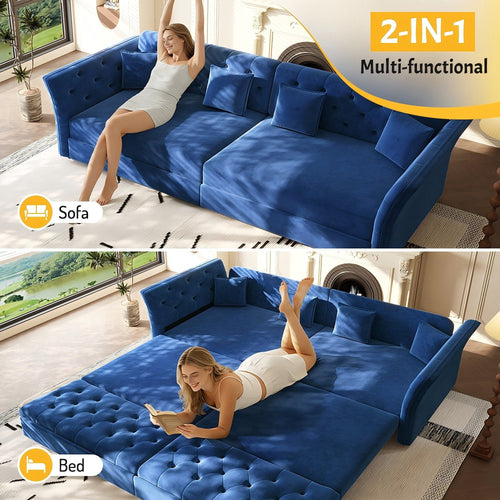  100" Pull Out Sofa Bed King Size, Loveseat Sleeper Sofa Couch Convertible Sofa Bed, Velvet Sofa for Living Room Blue