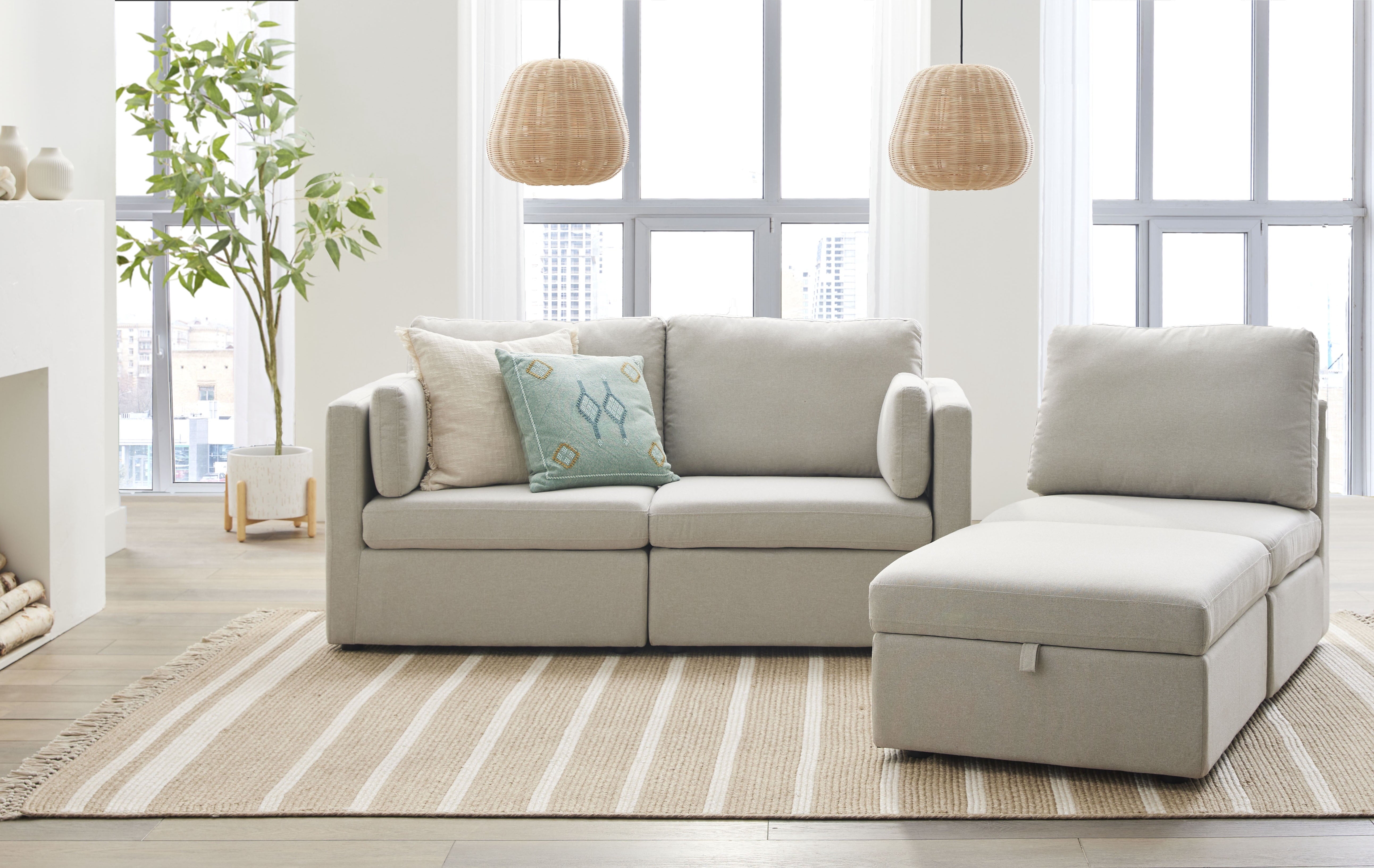  100'' Modular Sectional Sofa with Storage Ottoman, White Linen
